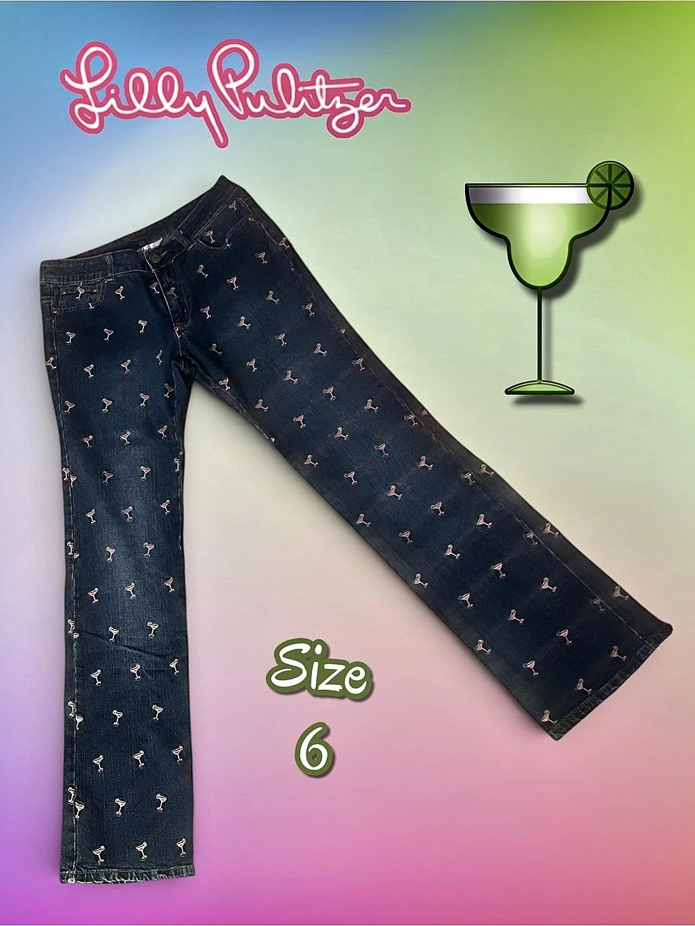 Lilly Pulitzer Vintage Cocktail Margarita Critter Embroidered Jeans Size 6